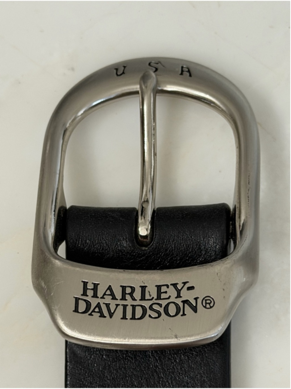 Harley-Davidson Men’s 42 vintage black leather belt silver buckle Made in USA